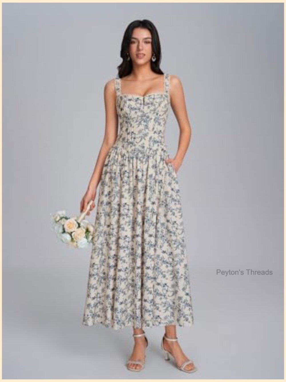 Women Midi Dress Flowy Lace Smocked Corset A-Line with Pockets - Picture 2 of 7